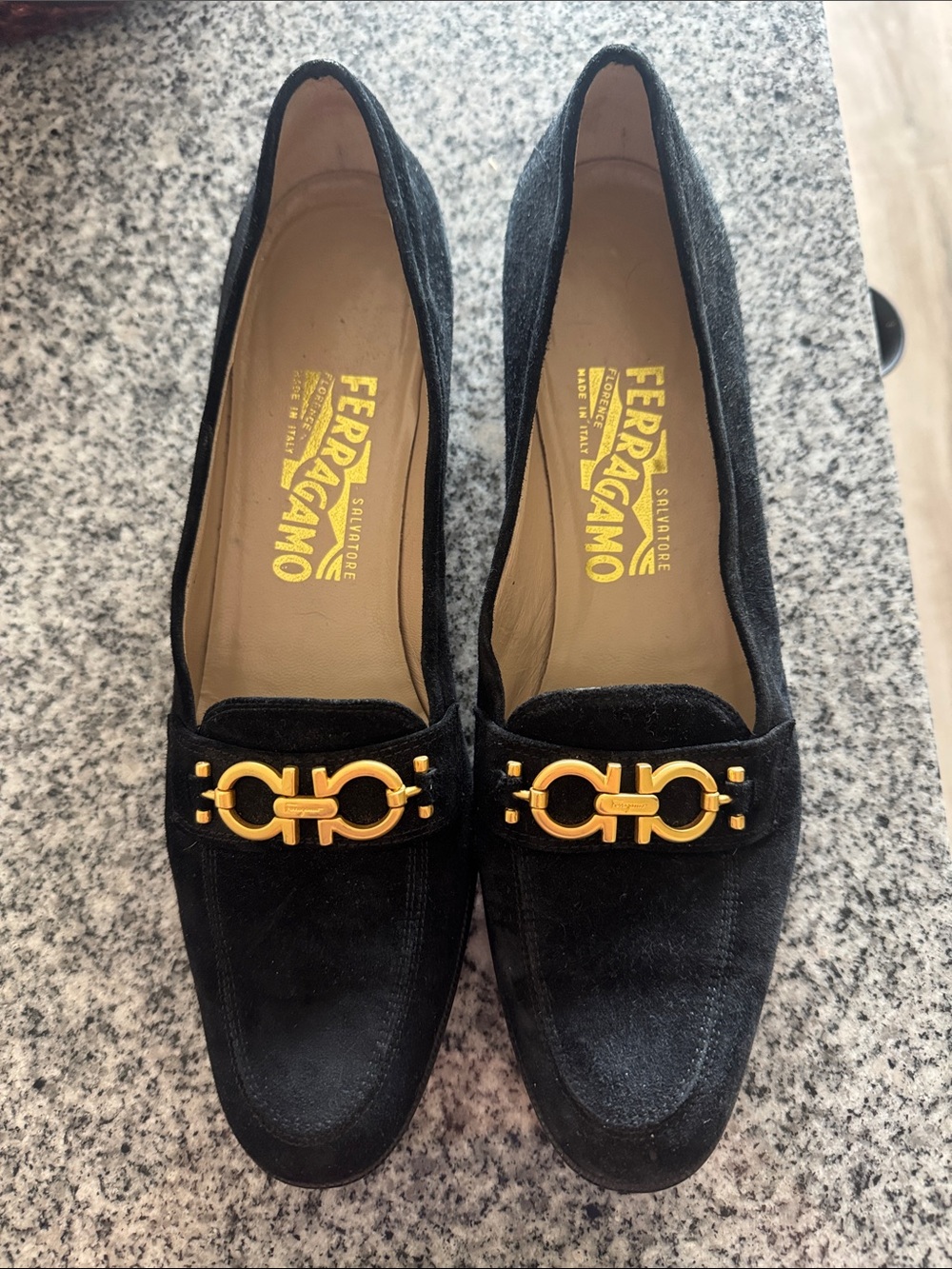 Salvatore Ferragamo Black Suede Loafers with Gold Gancio